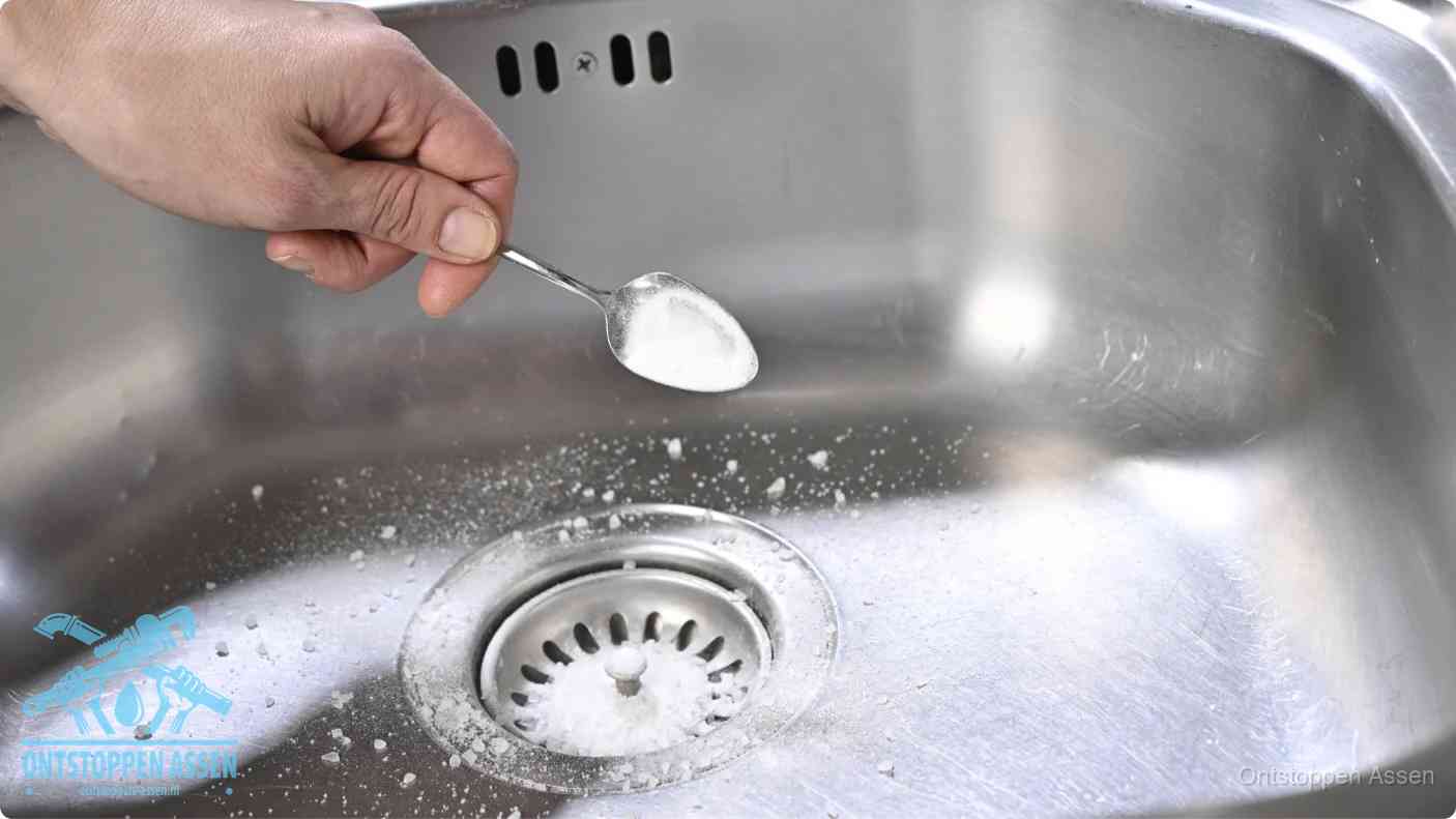 Een hand strooit met een lepel soda in een afvoerputje, de soda en azijn huismiddel-methode om de wc te ontstoppen in Assen