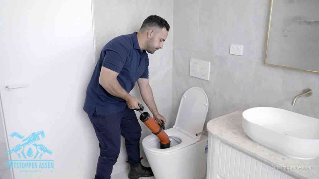 Een monteur gebruikt een handmatige perspomp (toiletontstopper) op een wandcloset tijdens het professioneel wc ontstoppen in Assen