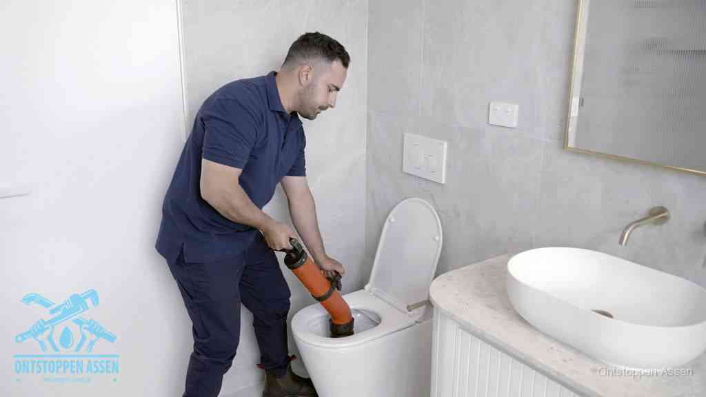 Een man gebruikt een handmatige luchtdruk-ontstopper in een modern betegeld toilet om zelf de wc te ontstoppen in Assen